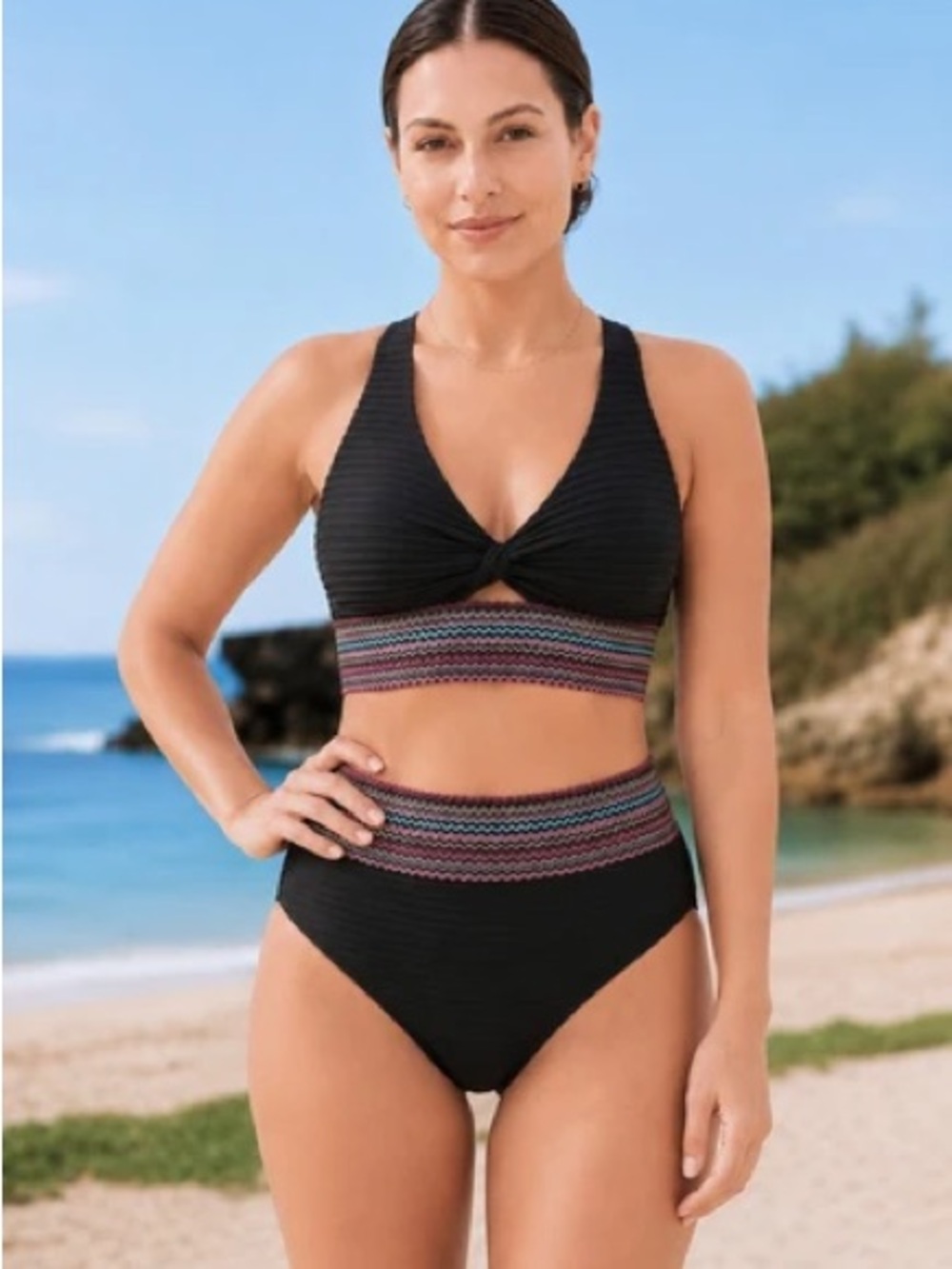 Black High-Waist Two-Piece Swim Set with Multicolor Waistband